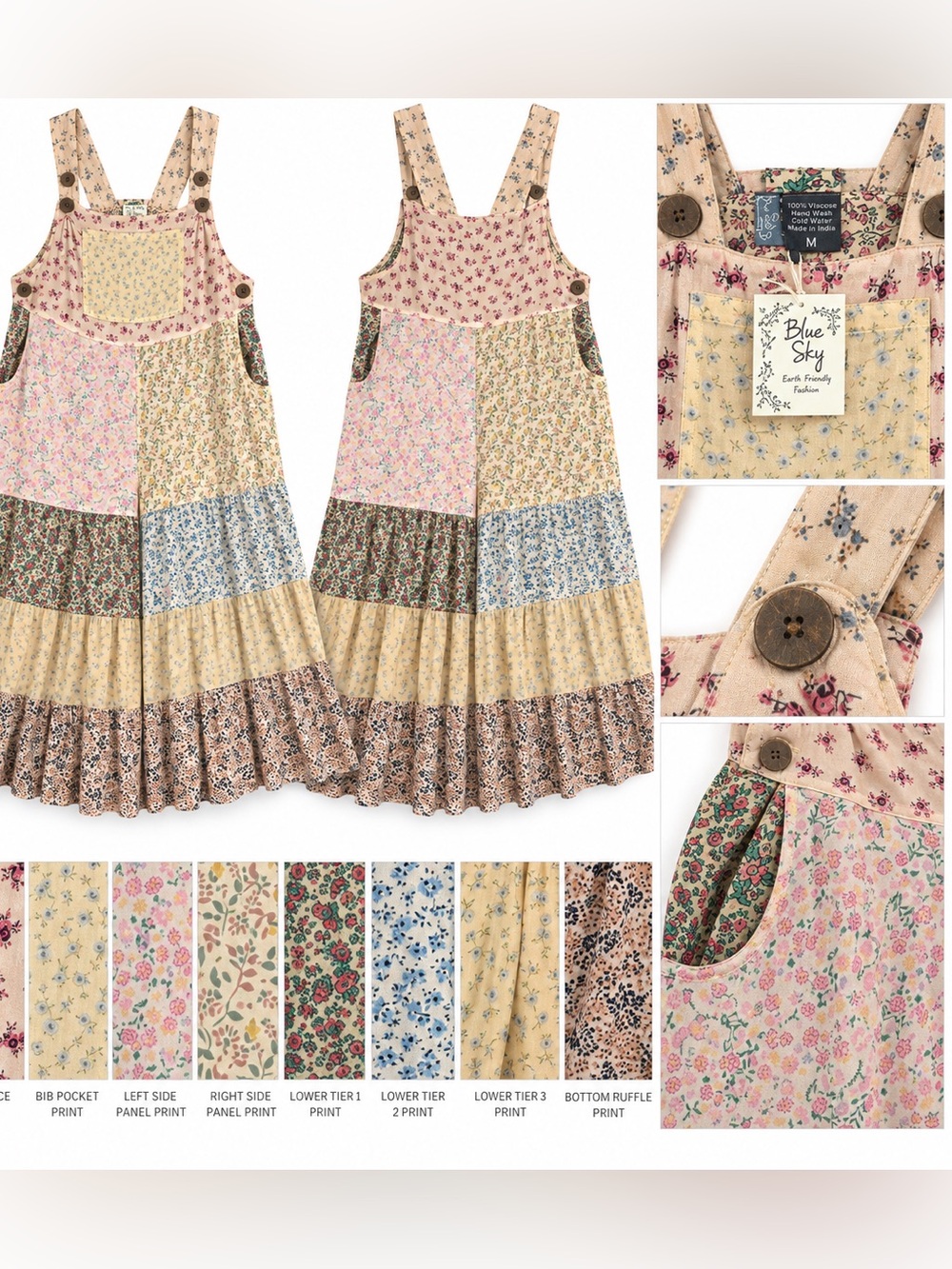 Blue Sky Beige Multi-Print Patchwork Pinafore Bib Dress